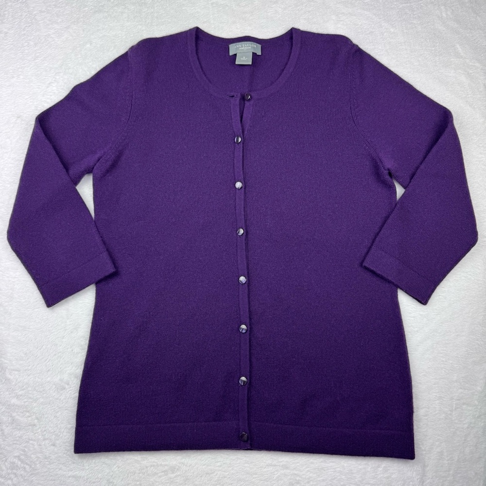Ann Taylor 100% Cashmere Button up purple Cardigan. 3/4 length Sleeves. Size M.